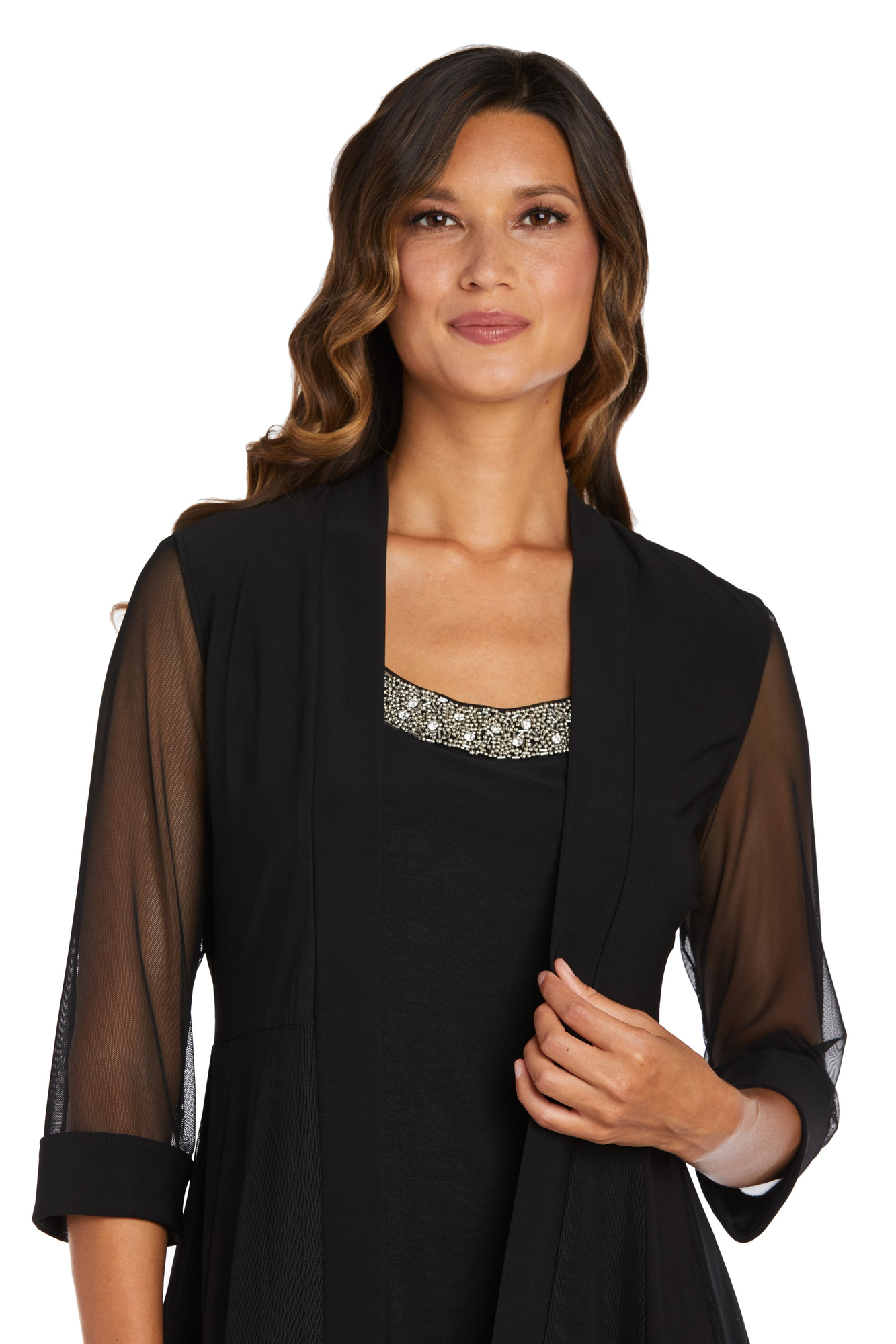 Two-Piece Dress with Beaded Neckline and Jacket with Sheer Sleeves V11624
