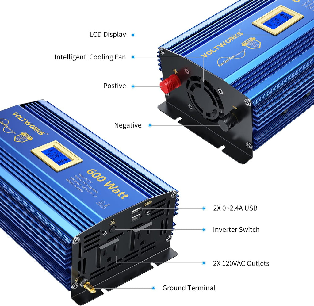 600 Watts Pure Sine Wave Power Inverter DC 12V to AC 110V with Dual USB Port & LCD Display N897