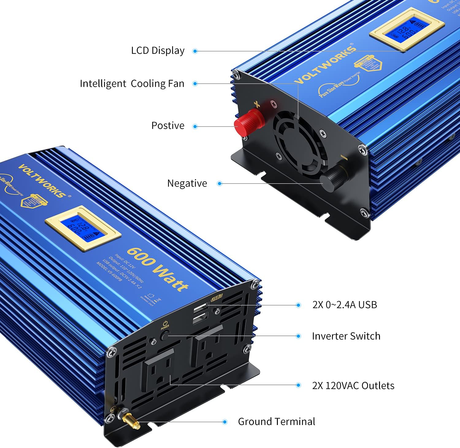 600 Watts Pure Sine Wave Power Inverter DC 12V to AC 110V with Dual USB Port & LCD Display N897