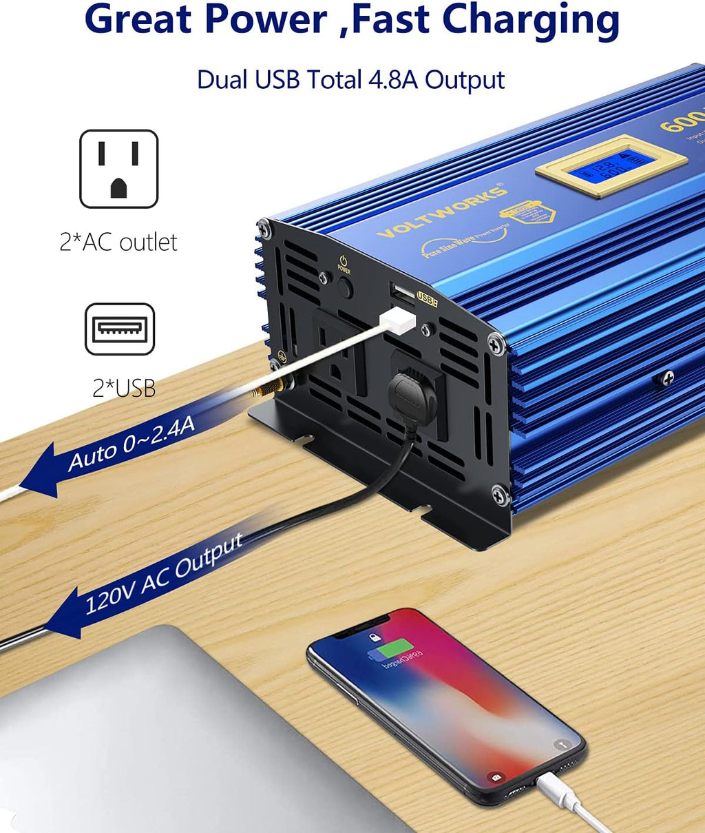 600 Watts Pure Sine Wave Power Inverter DC 12V to AC 110V with Dual USB Port & LCD Display N897