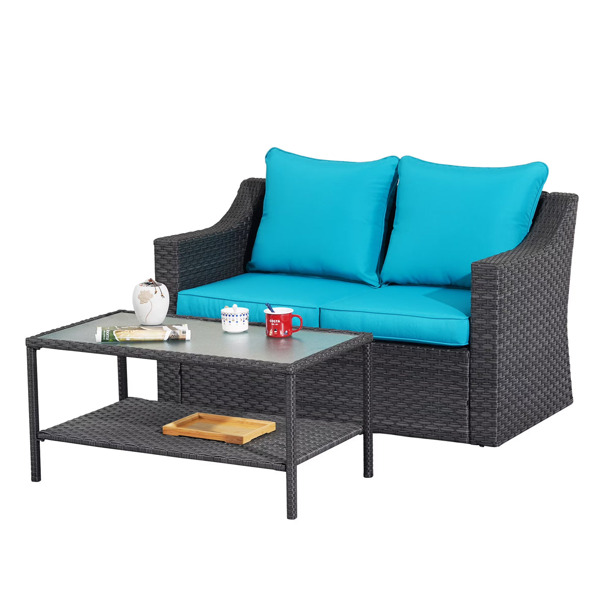 Gray Rattan Patio Loveseat with Glass Table M835993