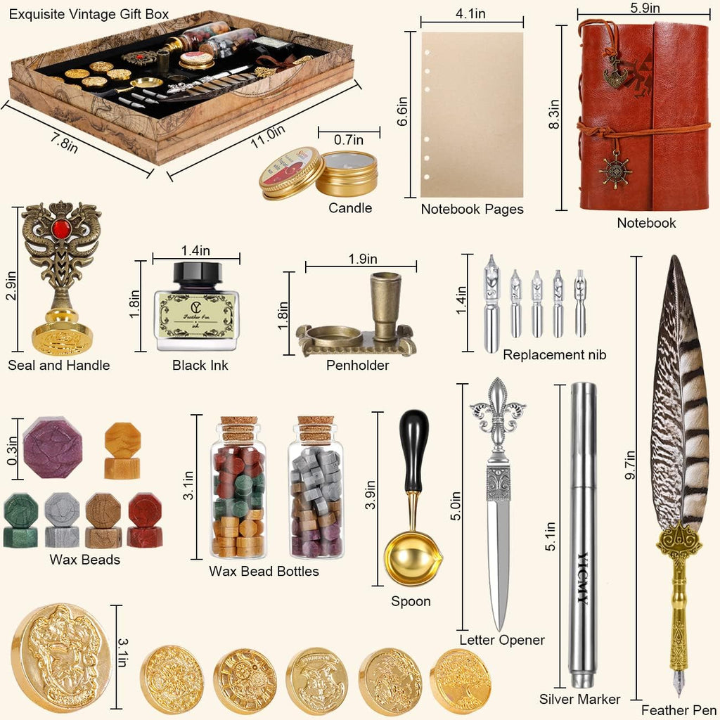 Pheasant Quill Pen and Ink Set Wax Seal Stamp Kit with Leather Journal Notebook, 7 Wax Stamp Heads, Pack of 2 X451065