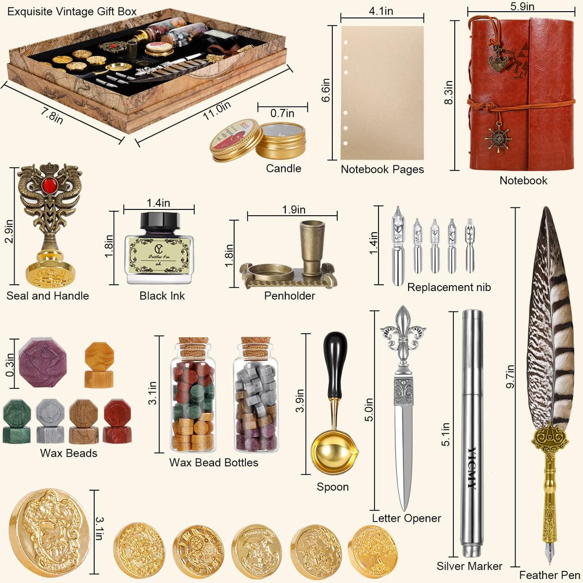 Pheasant Quill Pen and Ink Set Wax Seal Stamp Kit with Leather Journal Notebook, 7 Wax Stamp Heads, Pack of 2 X451065