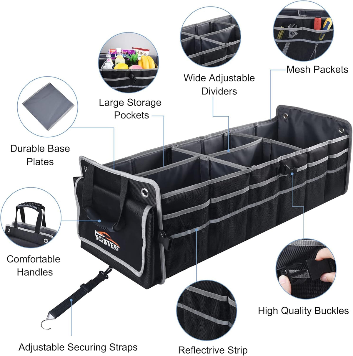 Car Trunk Organizer with Cooler, Collapsible Storage Box, 4 in 1 Multi Compartment, Non-Slip Bottom, 1680D Oxford Q1324