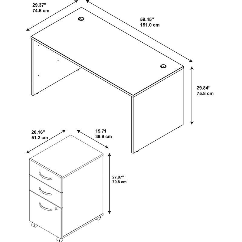 60W x 30D Office Desk with 3 Drawer Mobile File Cabinet C9215