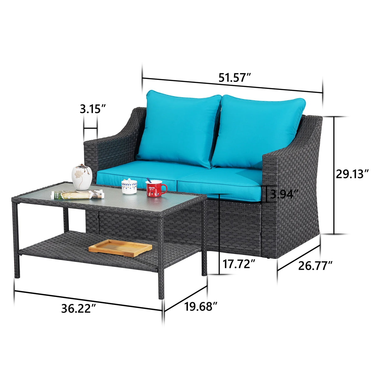 Gray Rattan Patio Loveseat with Glass Table M835993