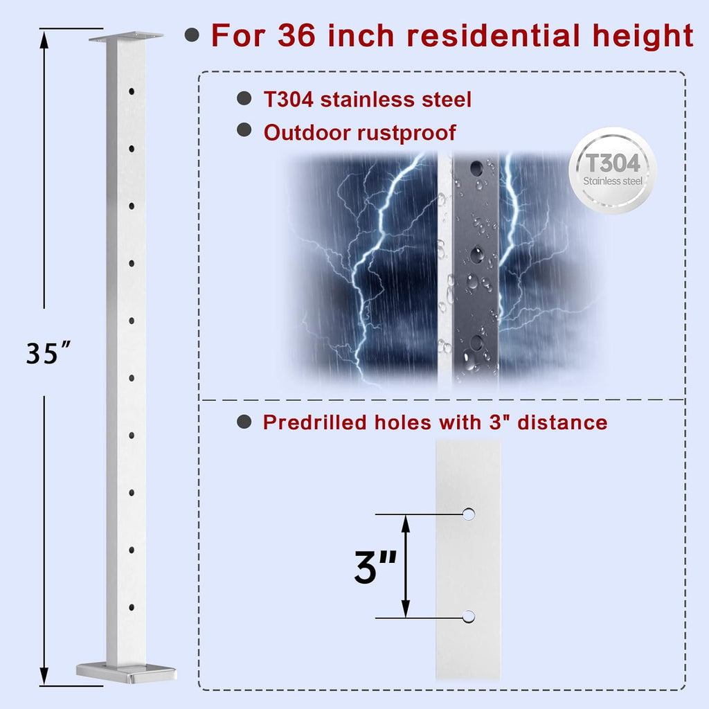 Stainless Steel Brushed Rectangle Weldless Flat Top Cable Railing Post L6634