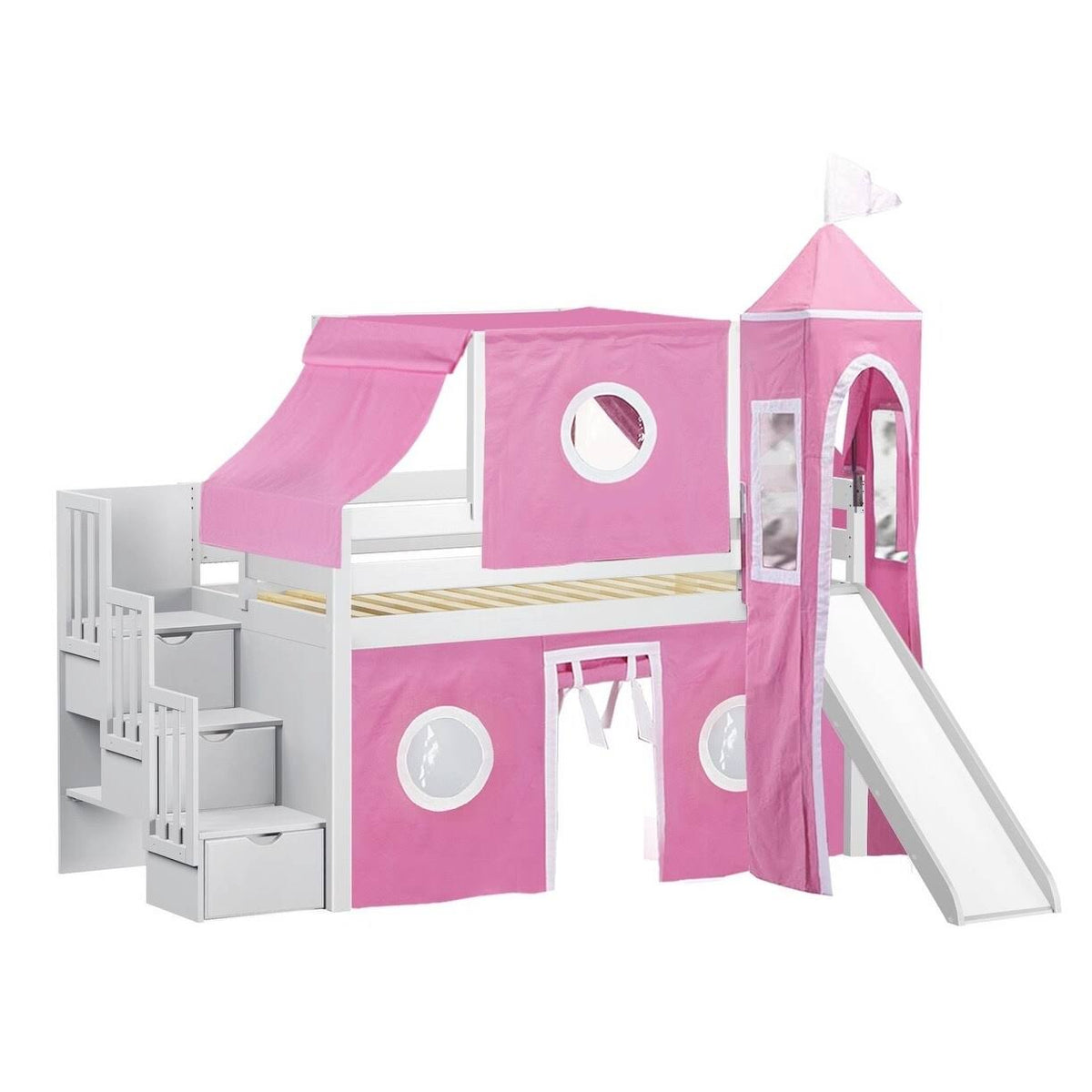 Blue Low Loft Twin Stairway Bed with Slide and Tent C28925
