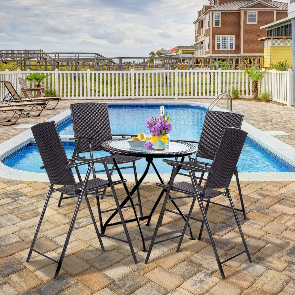 Set of 4 Folding Wicker Rattan Bar Stools with Back P74354