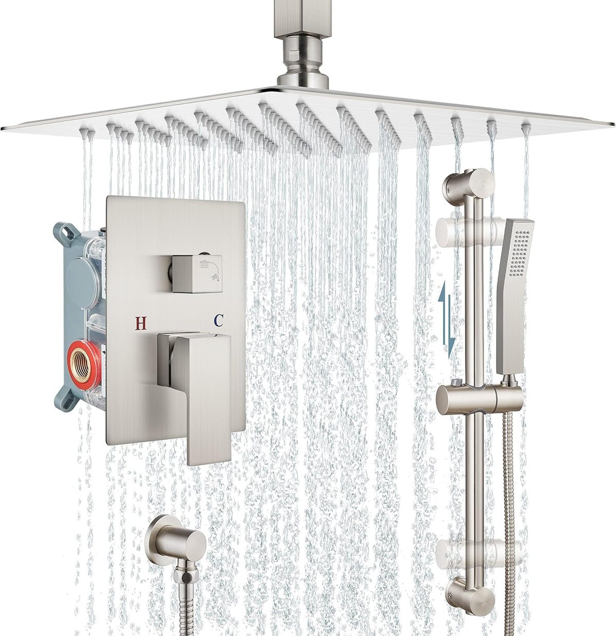 12 Inch Ceiling Mount Rain Shower Head Set with Slide Bar Handheld Spray E82499
