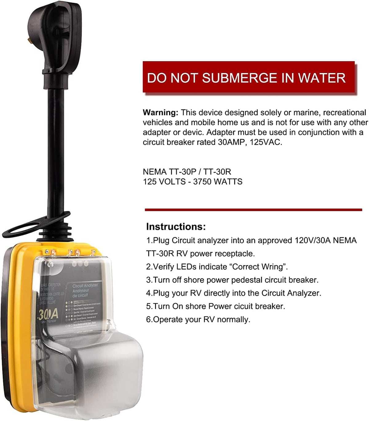 30 Amp RV Surge Protector with LED Indicator and Waterproof Cover Q392
