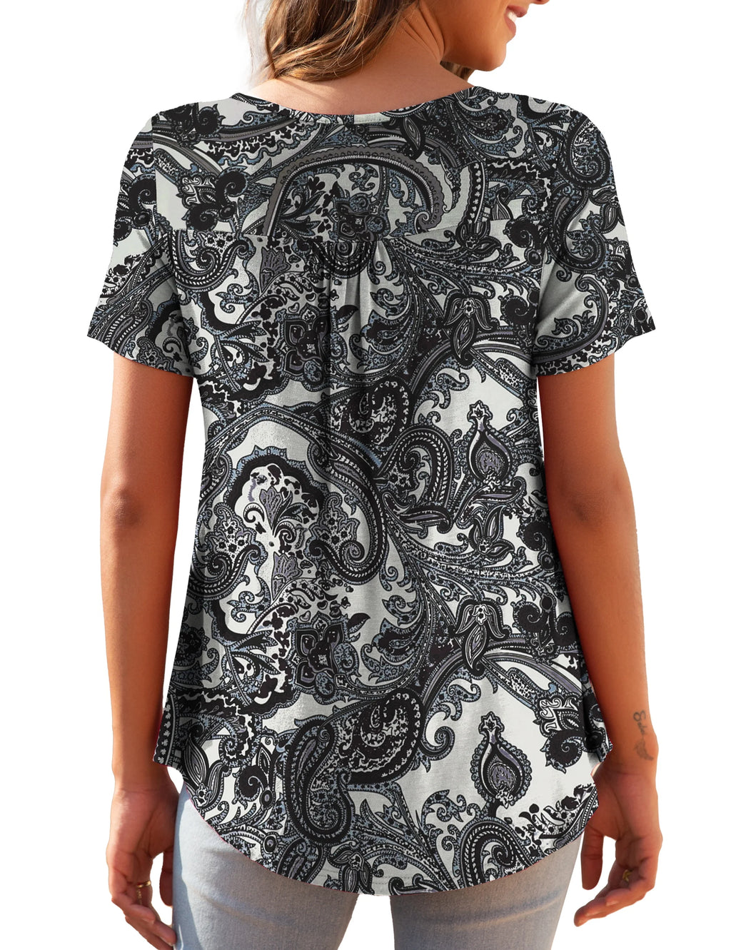 Womens Plus Size Tunic Tops Short Sleeve Floral Henley Shirts U4184