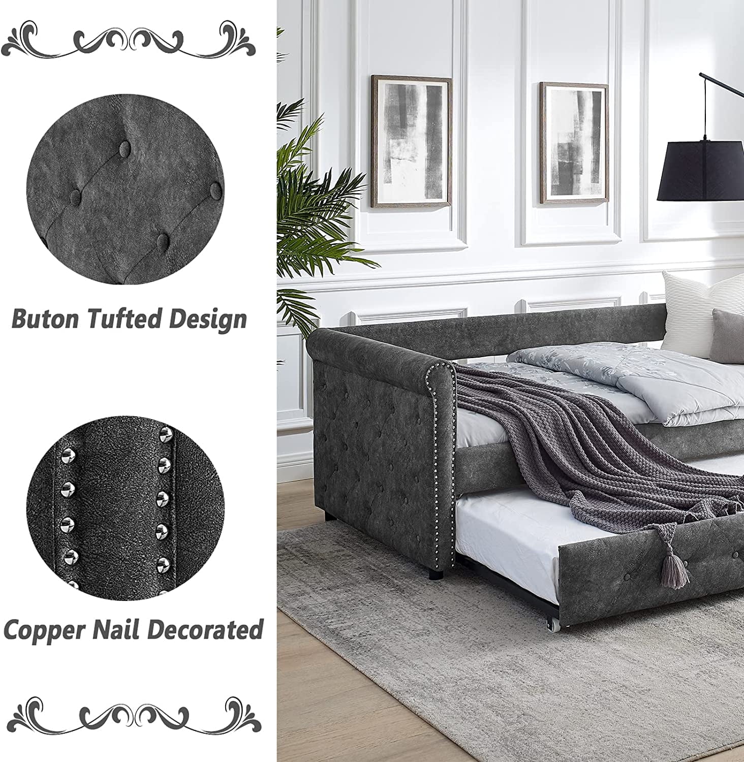 Twin Size Grey Linen Daybed with Trundle I9895