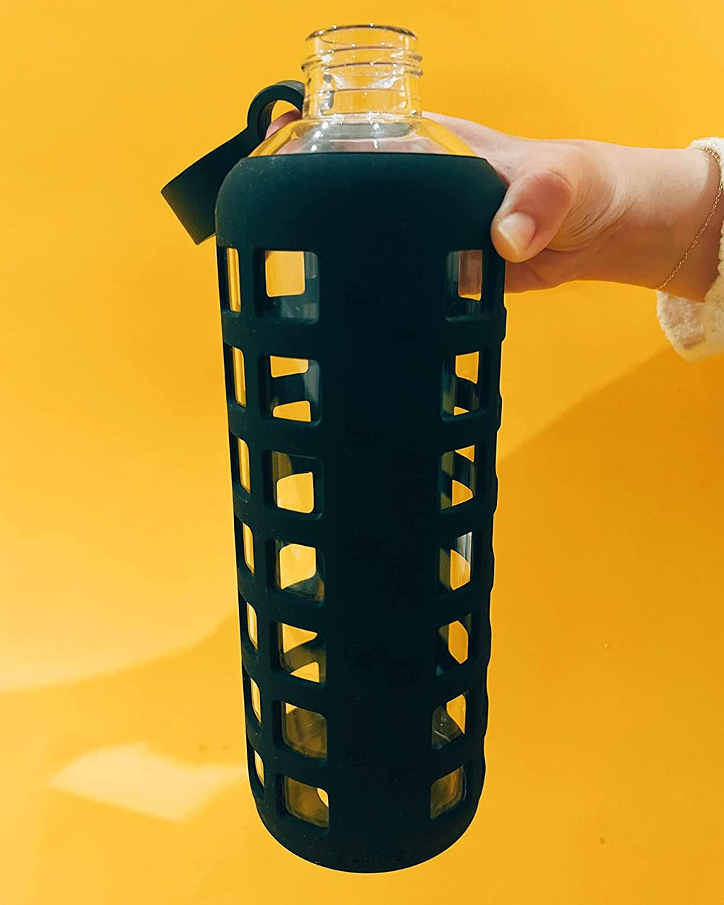 40 oz Reusable Glass Water Bottle with Time and Volume Markings, Non-Slip Silicone Sleeve & Stainless Steel Lid Insert I57045