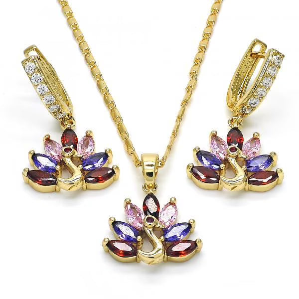 Gold Plated Multicolor CZ Peacock Dangling Drop Necklace Earring Set C960633