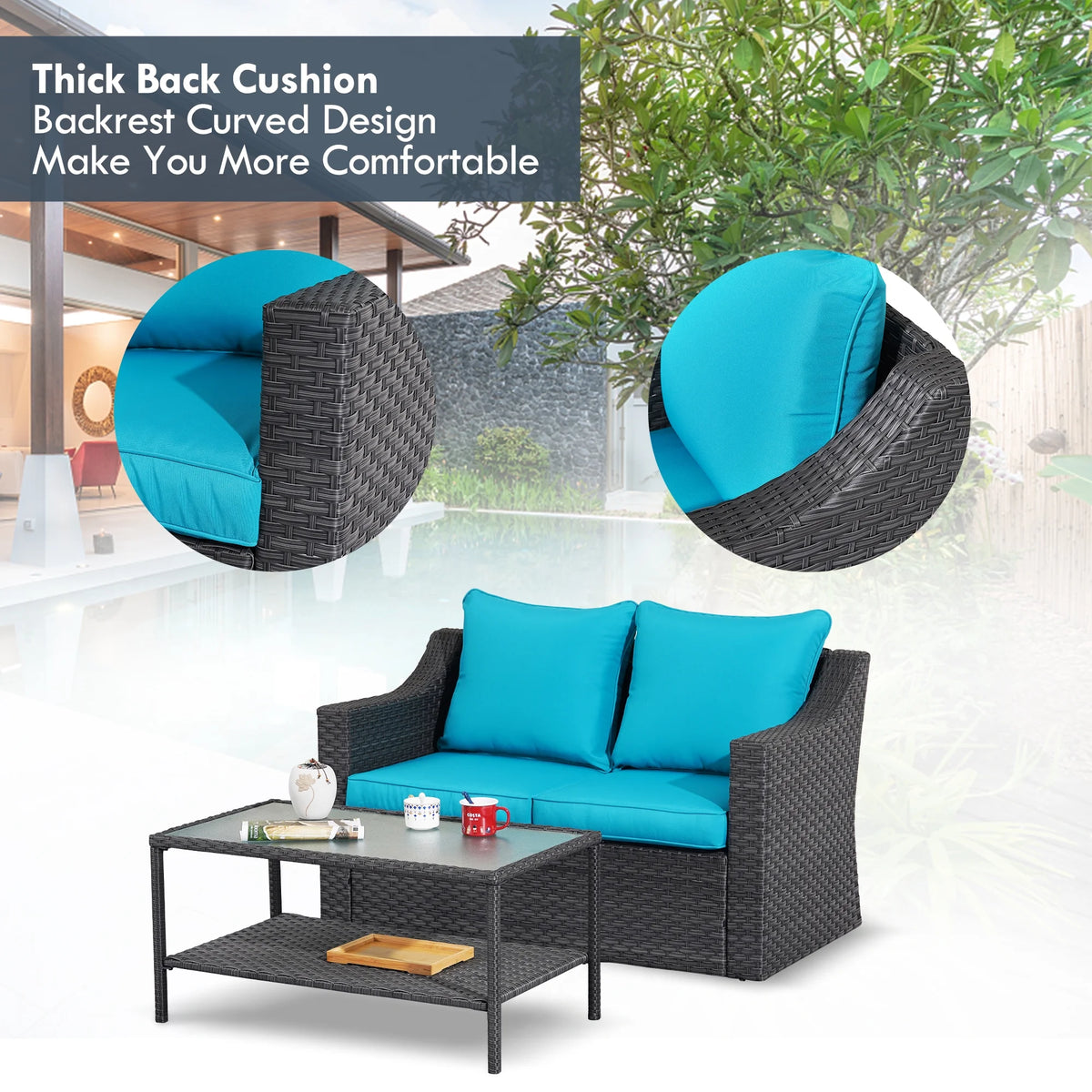 Gray Rattan Patio Loveseat with Glass Table M835993