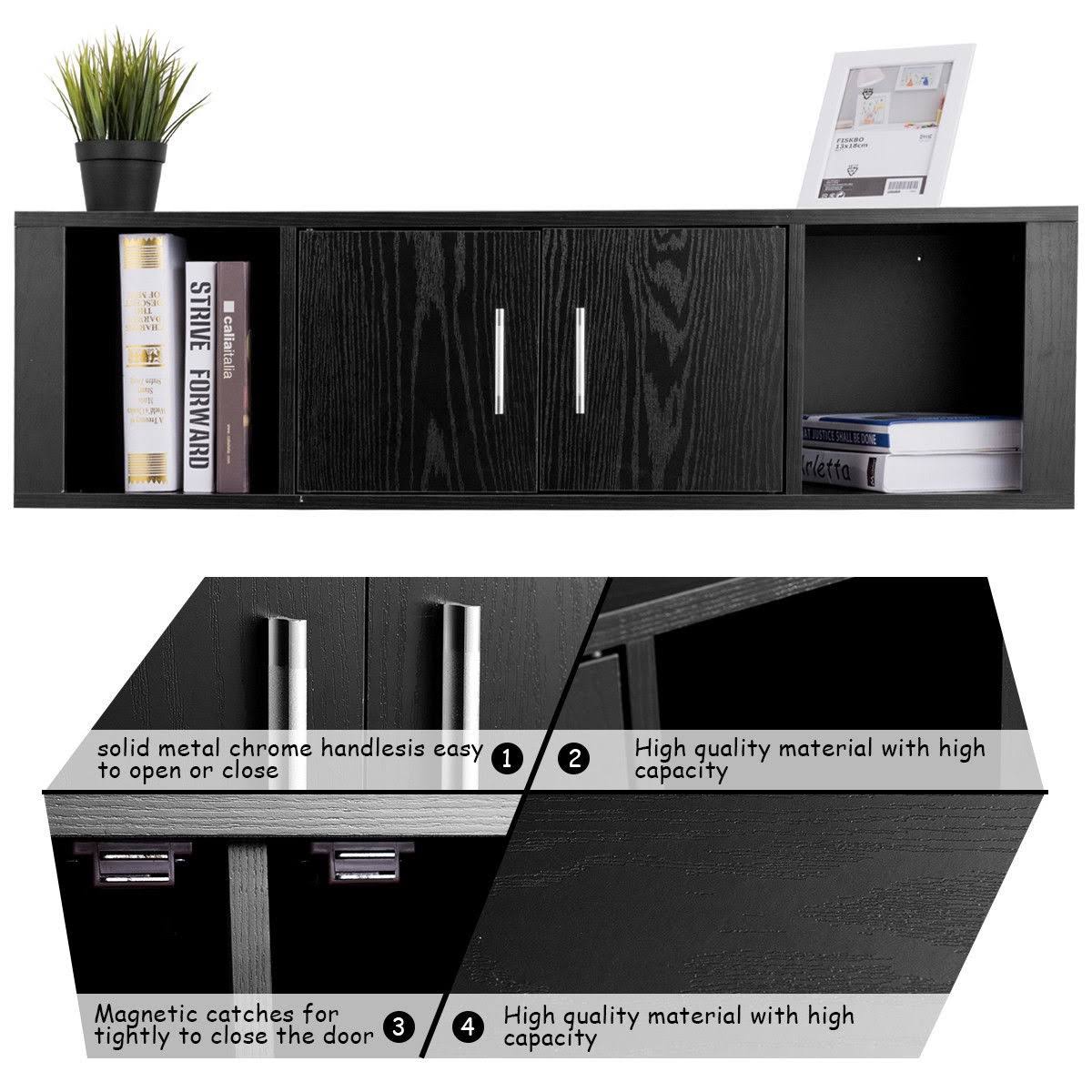 Black Wall Mounted Floating Desk Hutch Cabinet with 2 Door Storage Shelves F94062