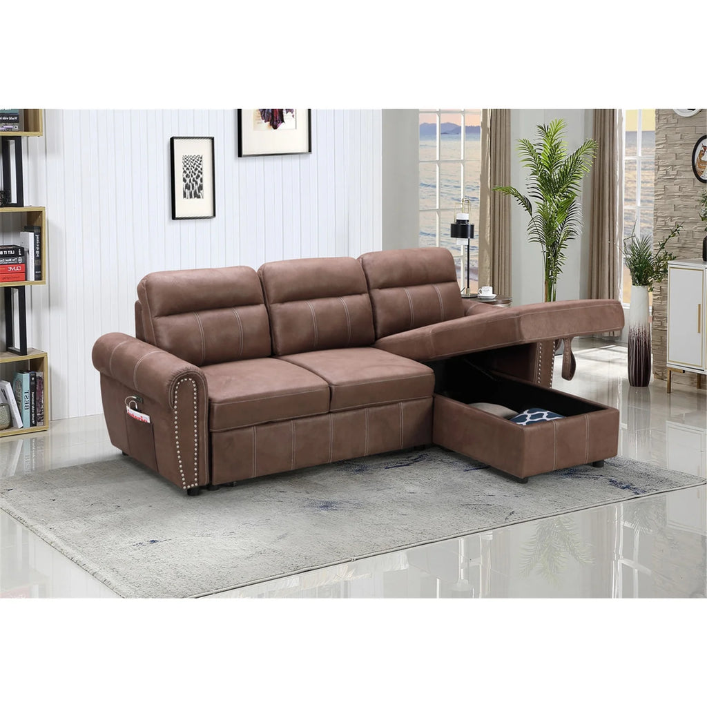 Brown Reversible Sleeper Sectional Sofa Chaise with USB Charger W84077