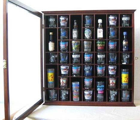 Walnut Finish Shot Glass Display Case Cabinet with Glass Door B442230