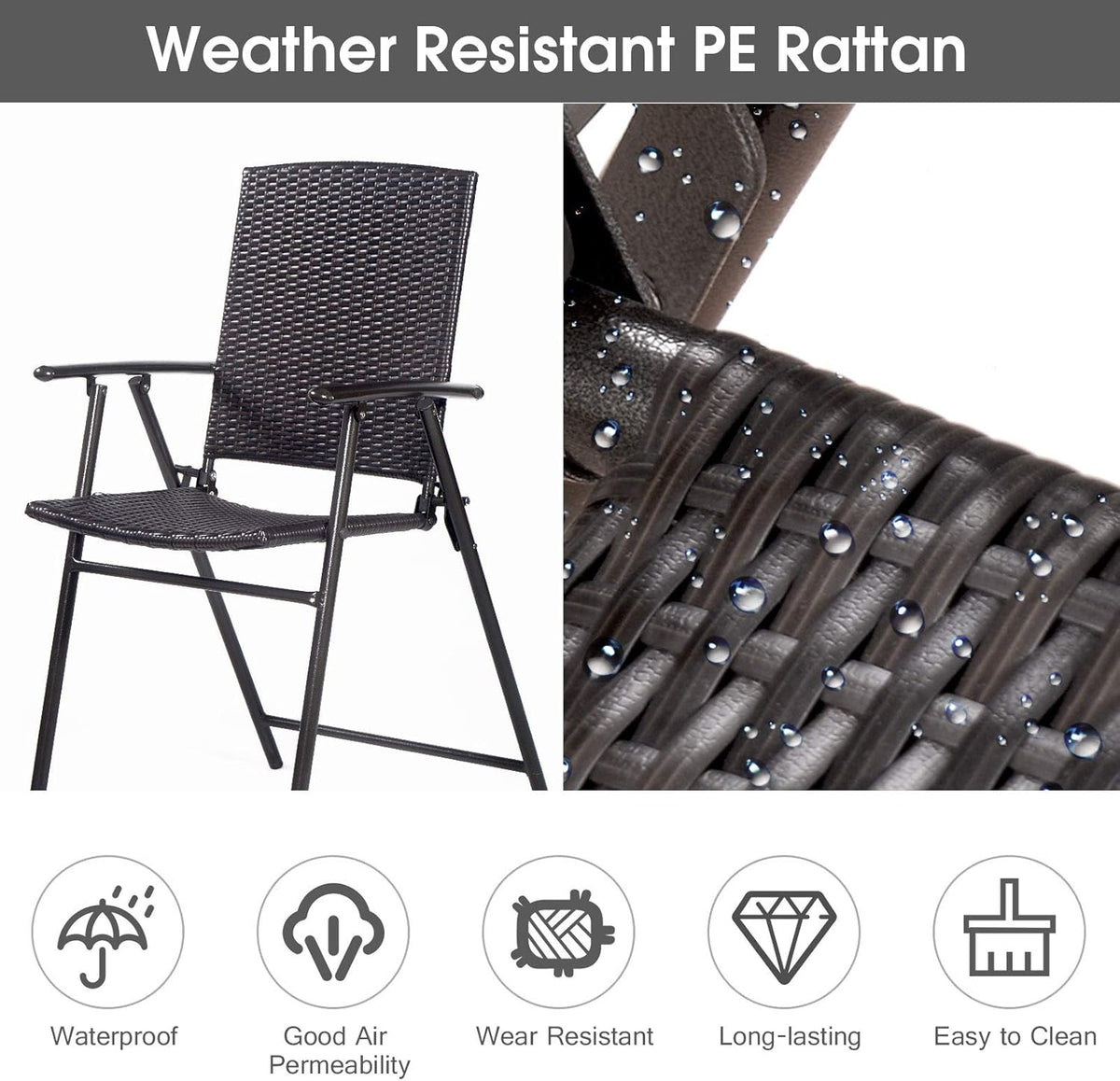 Set of 4 Folding Wicker Rattan Bar Stools with Back P74354