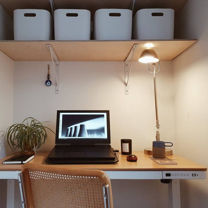 Electric Height Adjustable Standing Desk with Drawer 48 x 24 Inches Red Oak Desktop White Frame Q564308