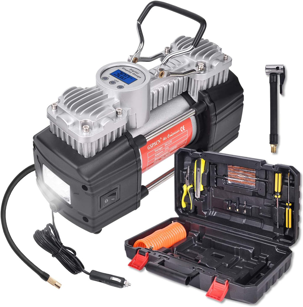 Portable Air Compressor Pump Tire Inflator with Digital Gauge, Heavy Duty Double Cylinder 12V Tire Pump 150 PSI with Tire Repair Kit and Toolbox, Pack of 2 O640405