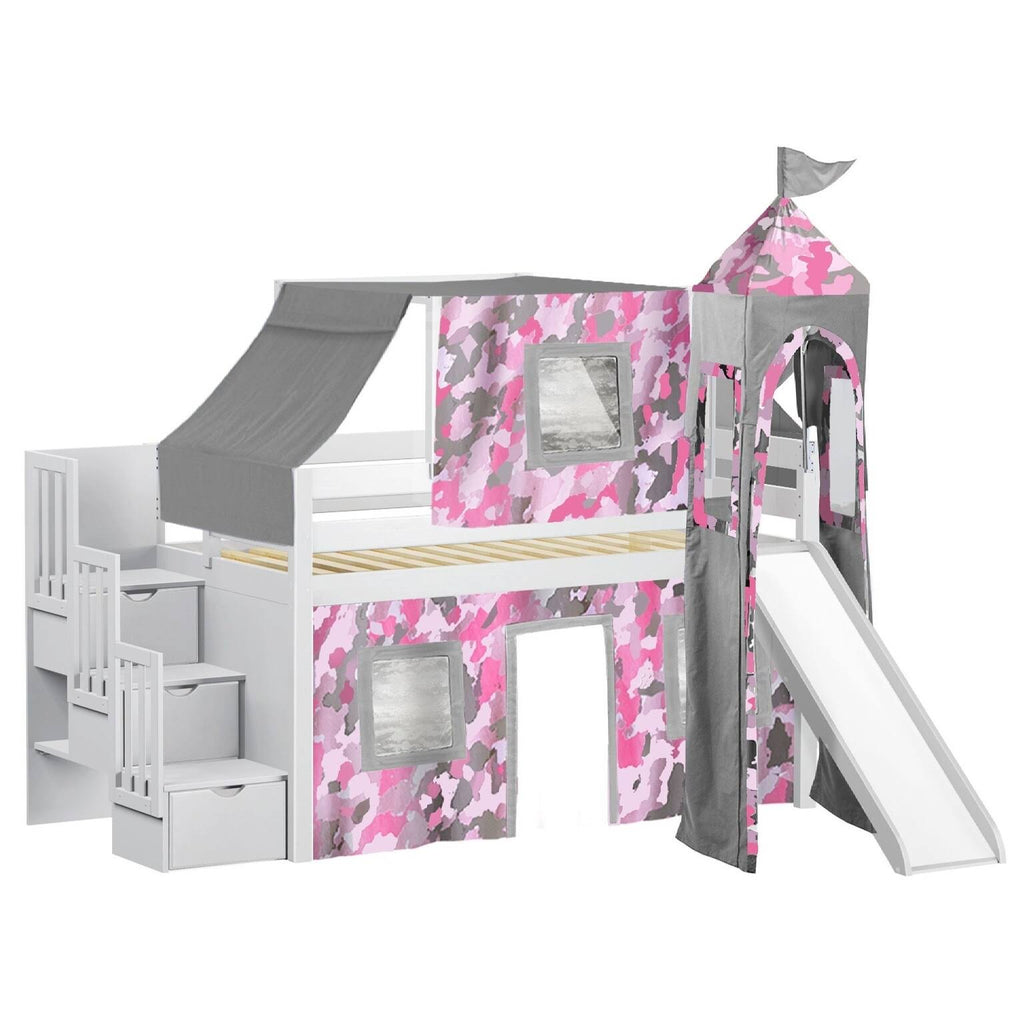 Blue Low Loft Twin Stairway Bed with Slide and Tent C28925