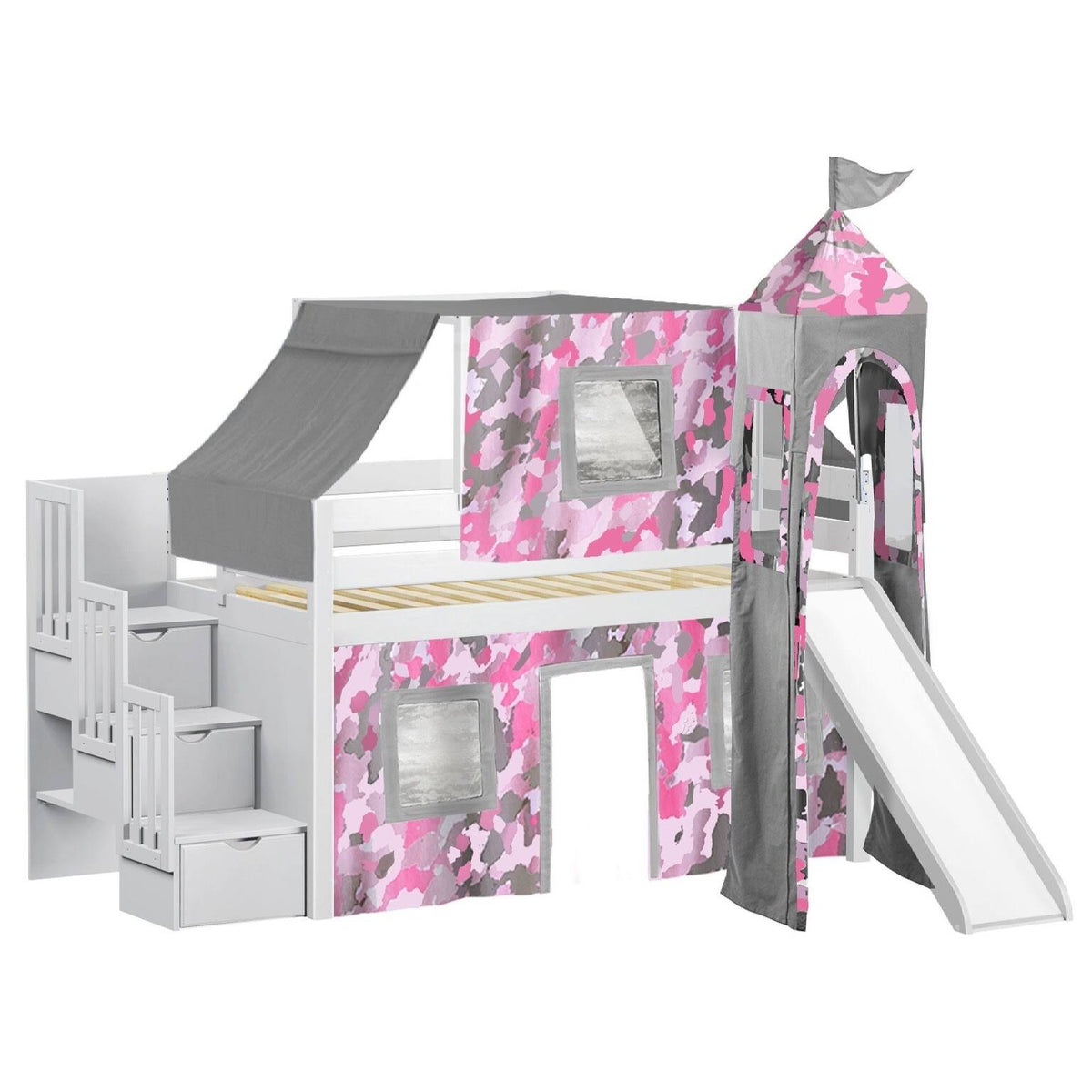 Blue Low Loft Twin Stairway Bed with Slide and Tent C28925