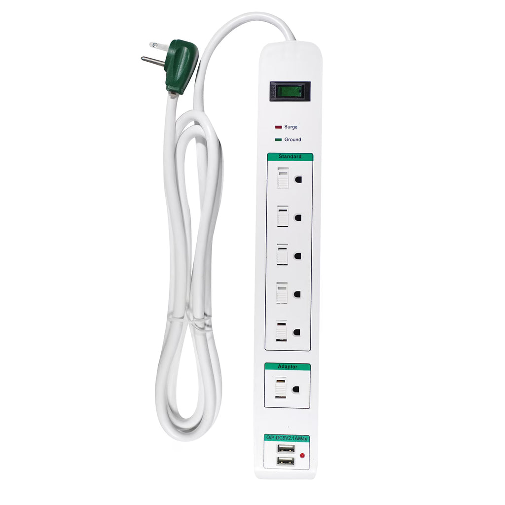 6 Outlet Surge Protector with 2 USB Ports, White, 6 ft Cord D21147