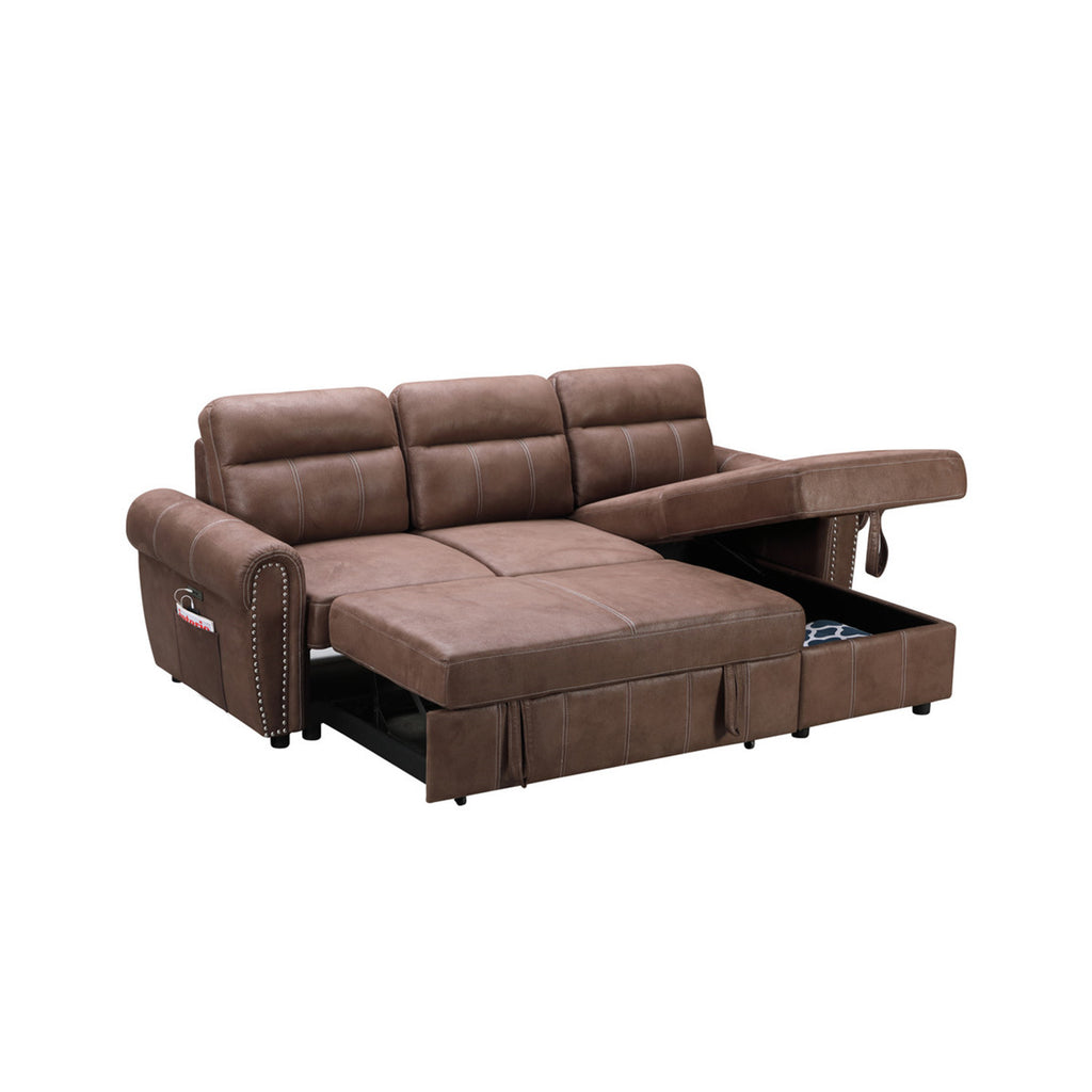 Brown Reversible Sleeper Sectional Sofa Chaise with USB Charger W84077
