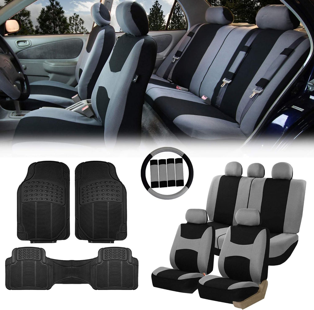 Beige Black Cloth Car Seat Covers Combo Set with Steering Wheel Cover, Seat Belt Pads and Vinyl Floor Mats L15949