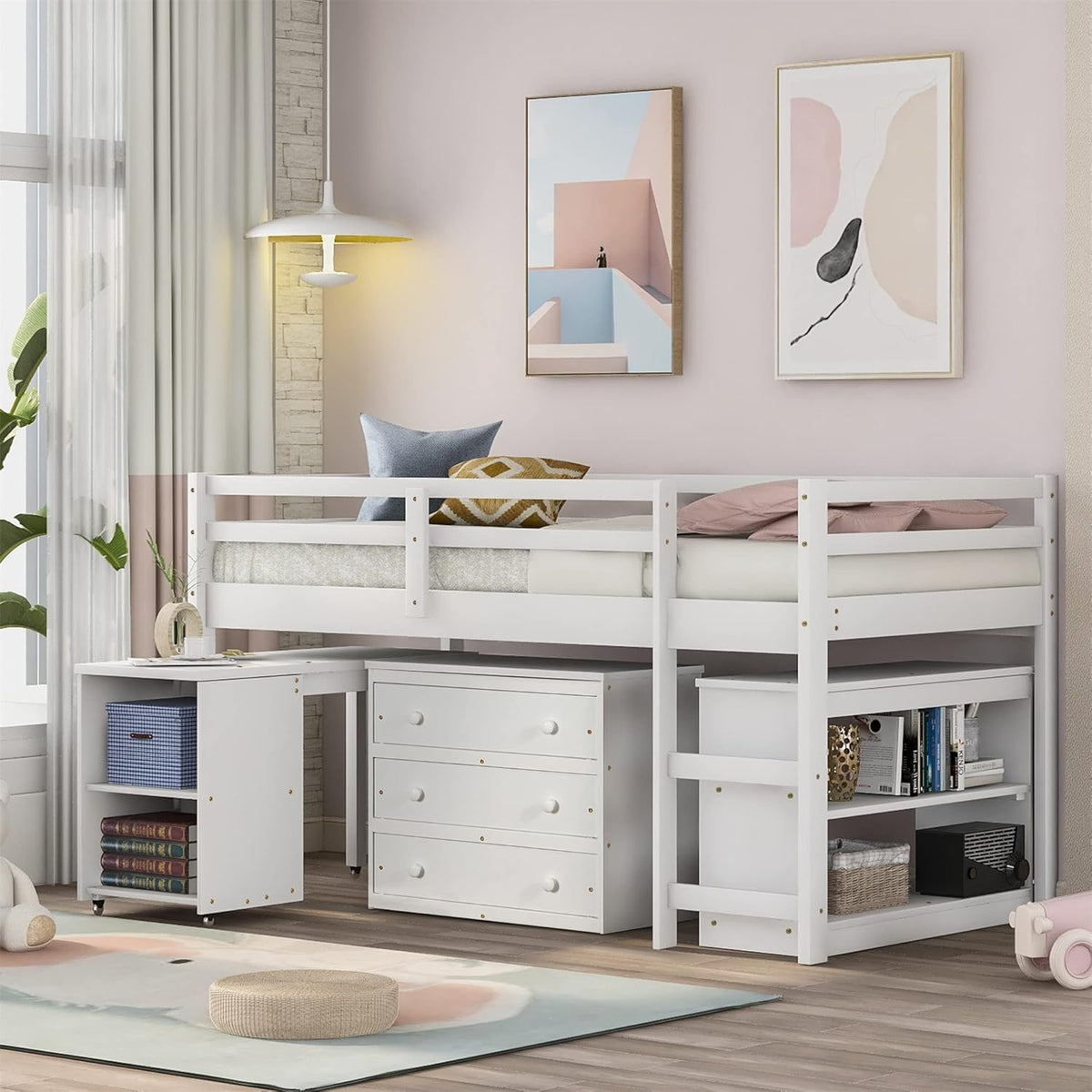 Twin Size Loft Bed with Desk and Storage Cabinet V465