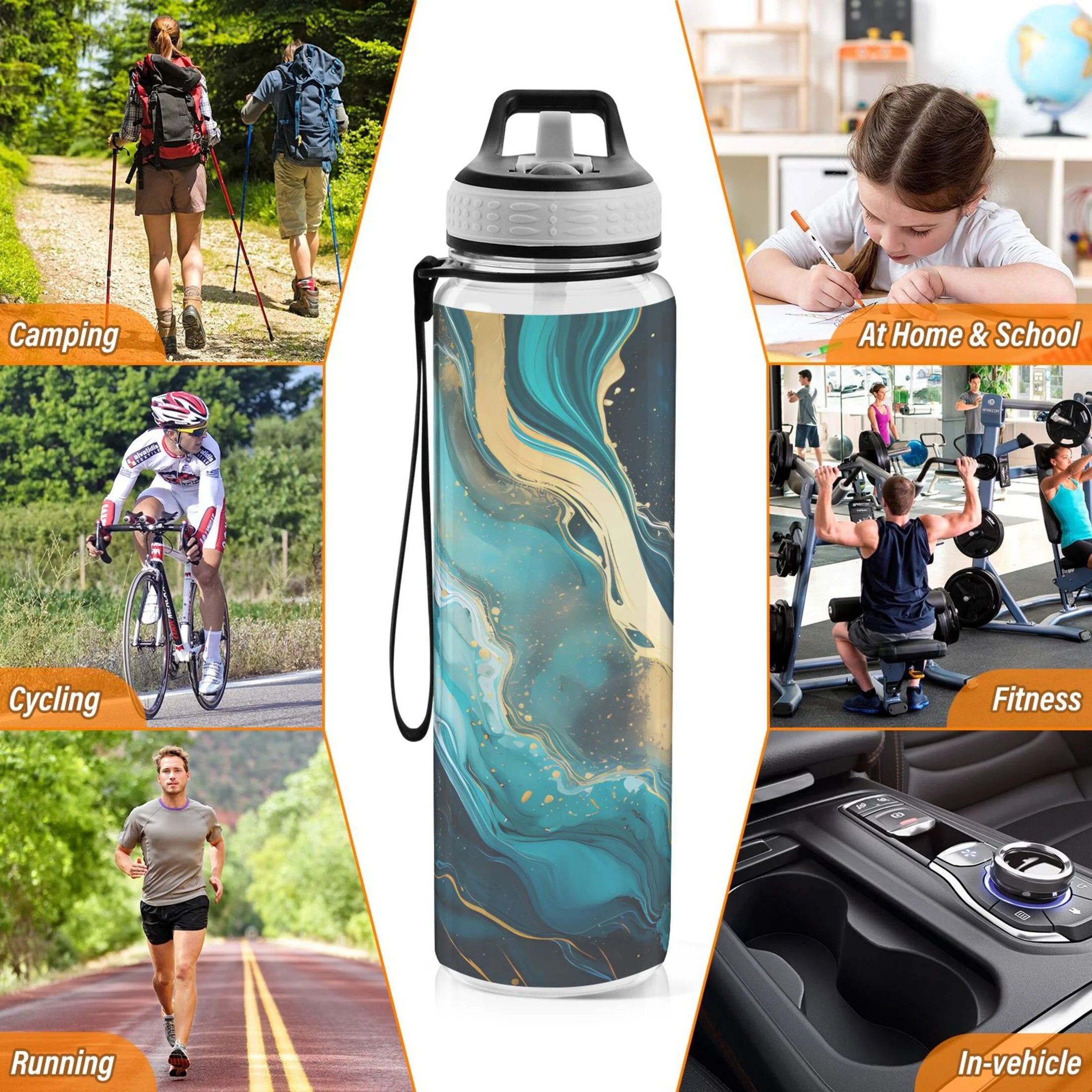 Green Marble and Golden 32oz Tritan Leakproof Sports Bottle with Straw B527