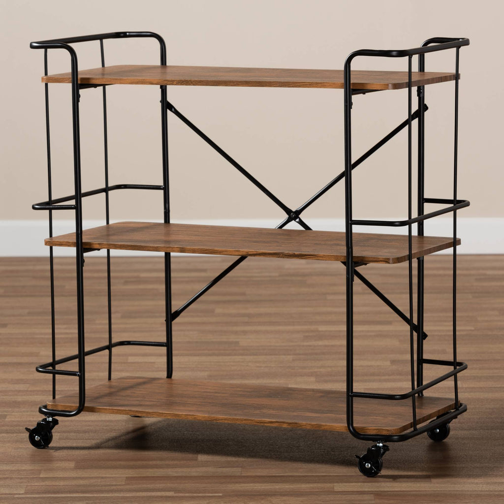 Black Metal and Walnut Finished Wood Bar and Kitchen Serving Cart B76625
