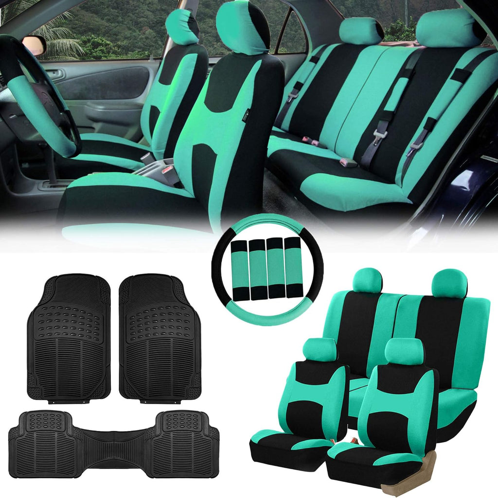 Beige Black Cloth Car Seat Covers Combo Set with Steering Wheel Cover, Seat Belt Pads and Vinyl Floor Mats L15949