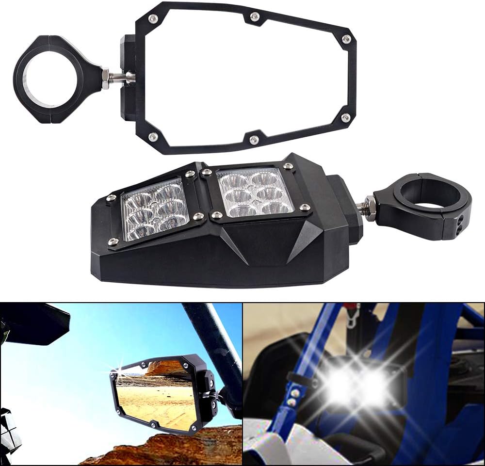 UTV Rear Side View Mirror with LED Spot Light, 1 Pair, Shatterproof Tempered Glass J690