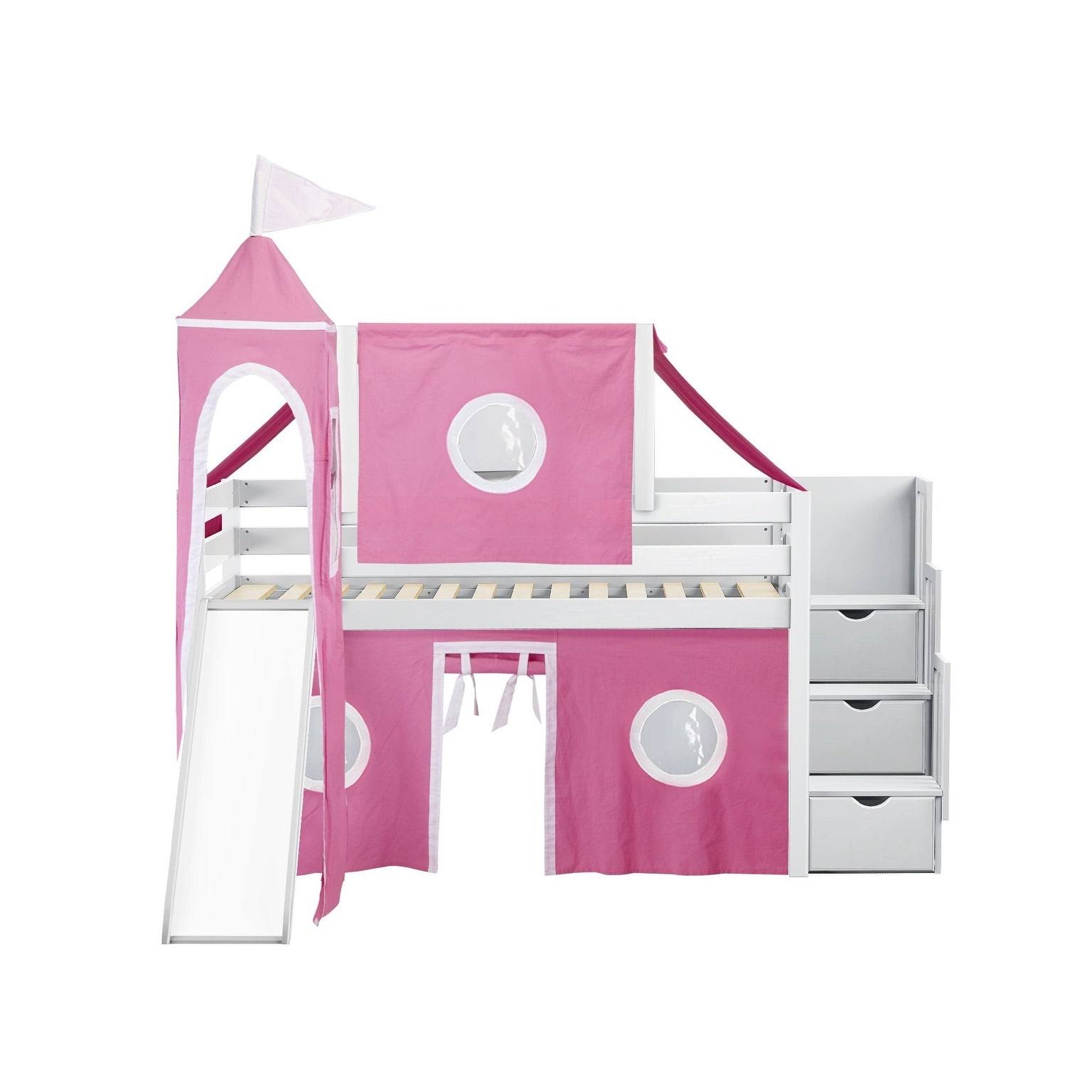 Blue Low Loft Twin Stairway Bed with Slide and Tent C28925
