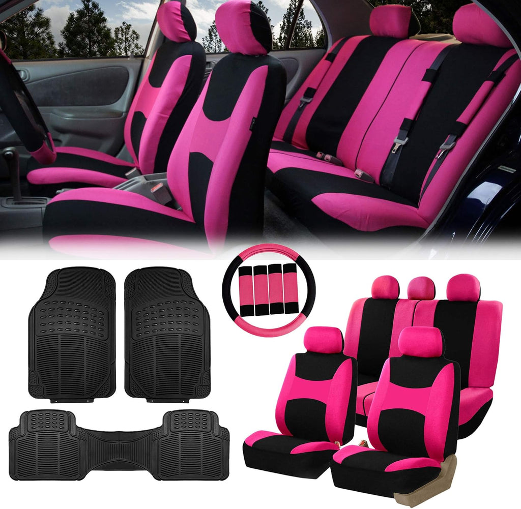 Beige Black Cloth Car Seat Covers Combo Set with Steering Wheel Cover, Seat Belt Pads and Vinyl Floor Mats L15949