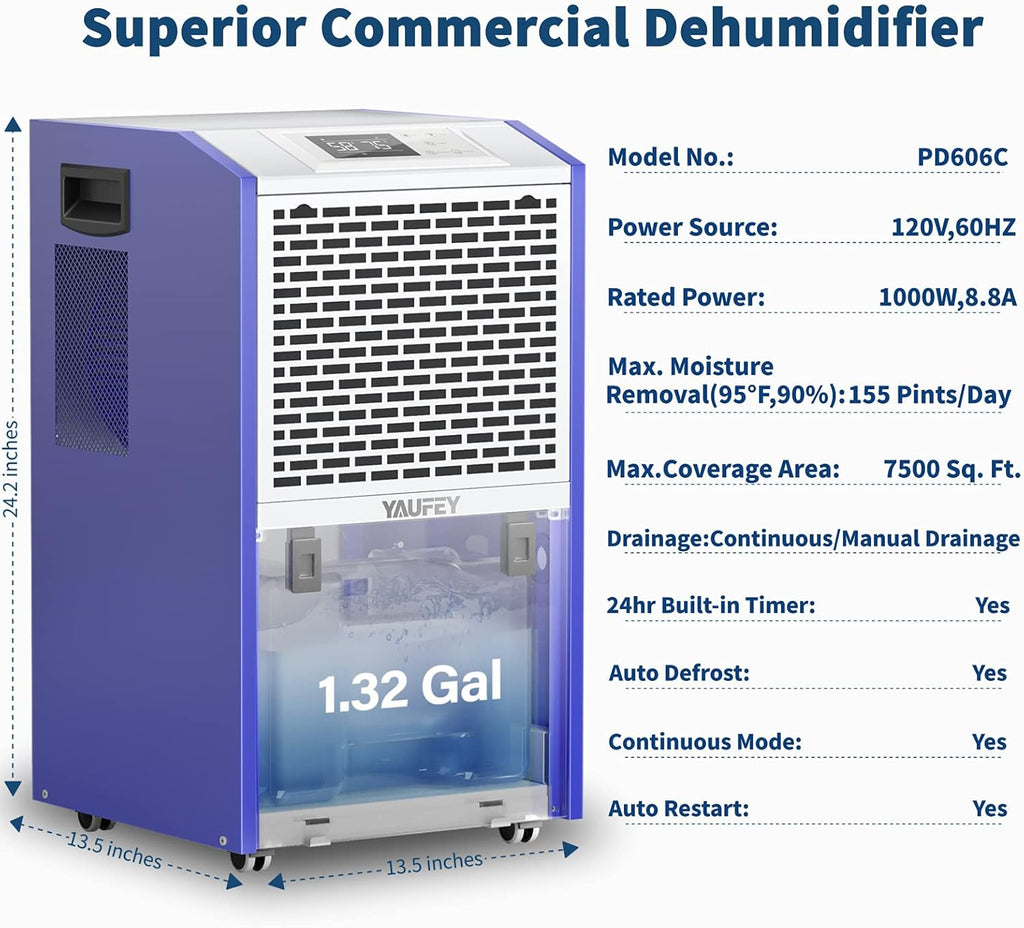 155 Pints Dehumidifier with Drain Hose, Auto Defrost B101