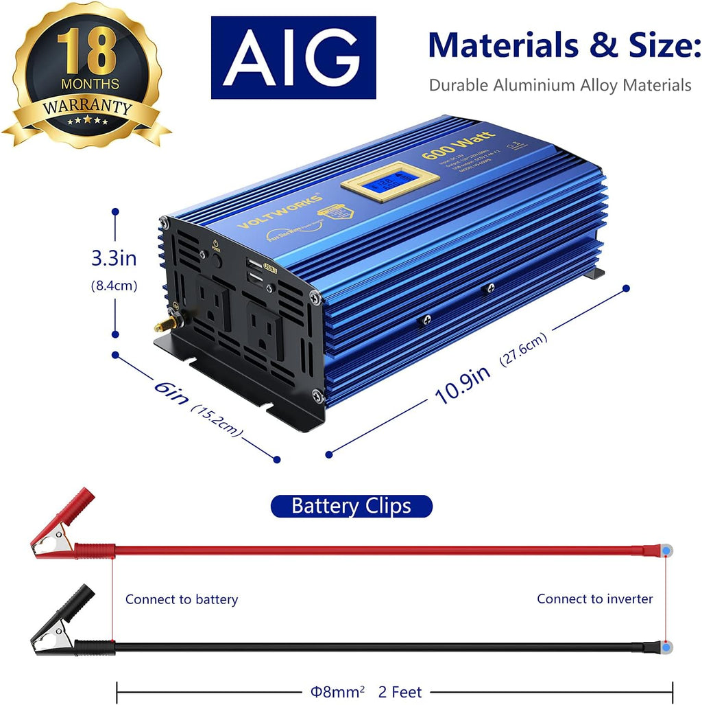 600 Watts Pure Sine Wave Power Inverter DC 12V to AC 110V with Dual USB Port & LCD Display N897