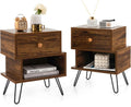 Walnut Nightstands Set of 2 with Storage Drawer and Metal Legs Y305878