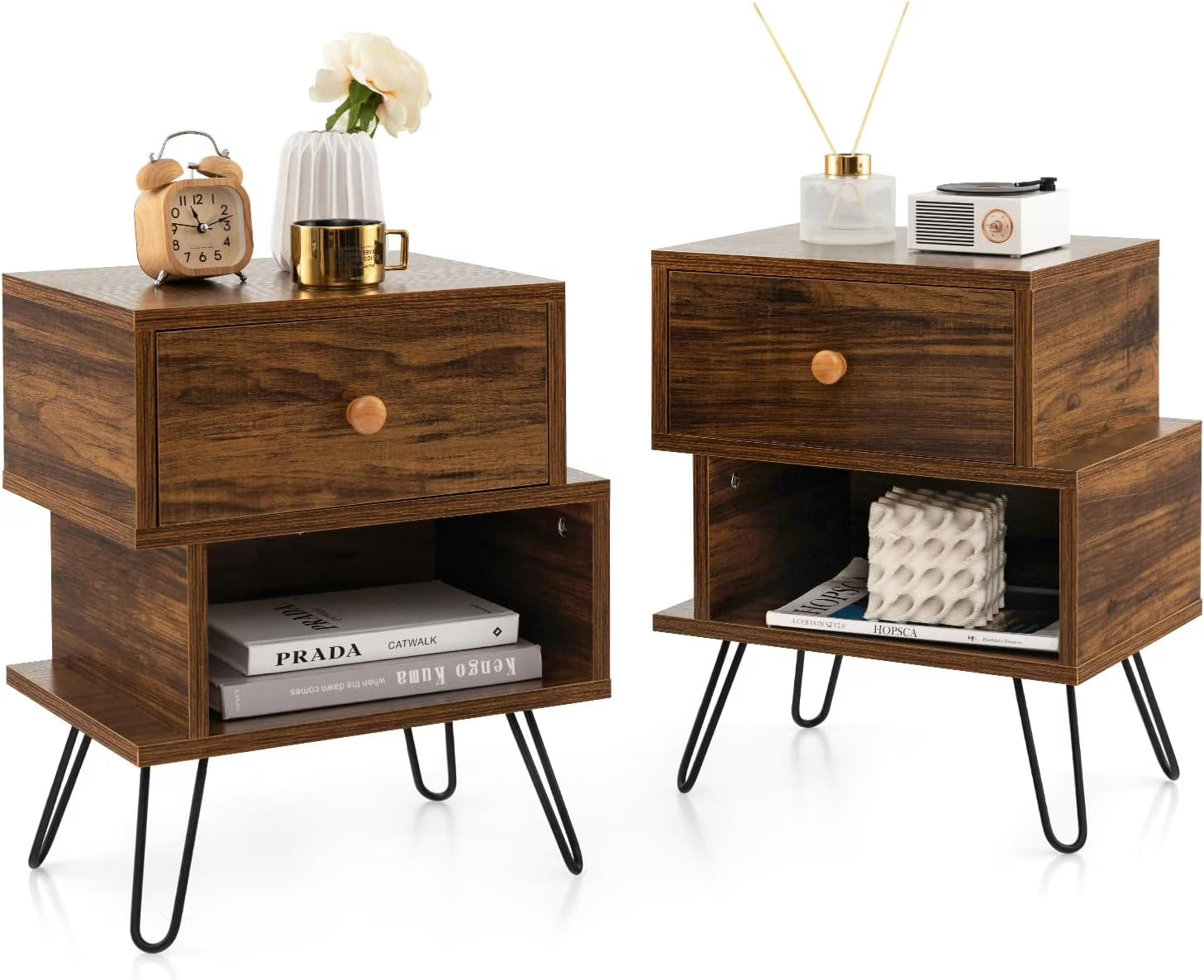 Walnut Nightstands Set of 2 with Storage Drawer and Metal Legs Y305878