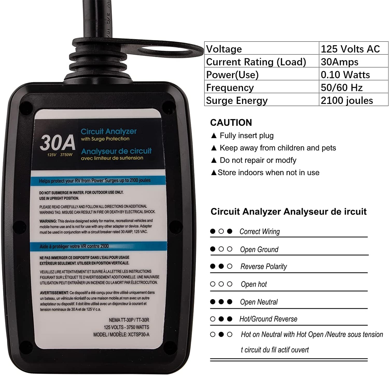 30 Amp RV Surge Protector with LED Indicator and Waterproof Cover Q392