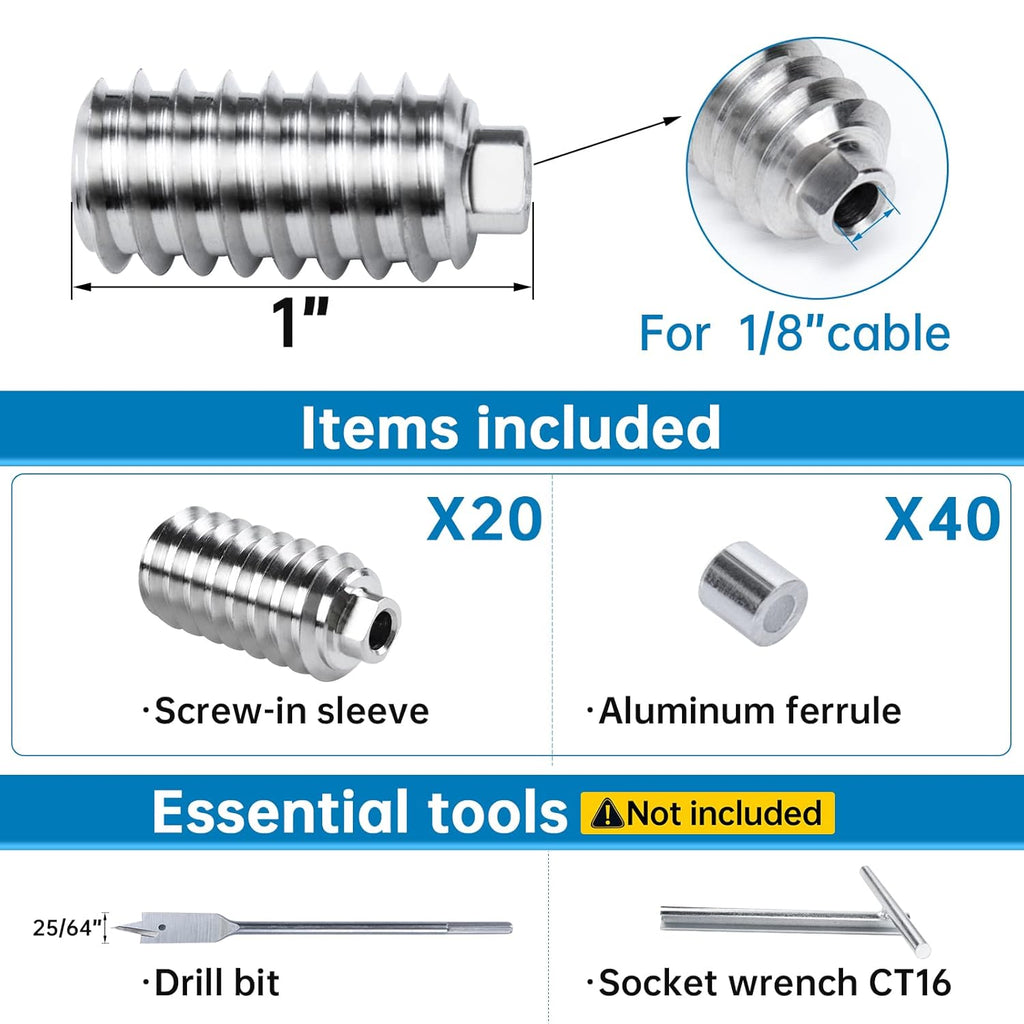 20Pack 1/8 Invisible Cable Railing Kit T316 Stainless Steel for Wood Posts Deck Stairs 10 Cable Lines N219683