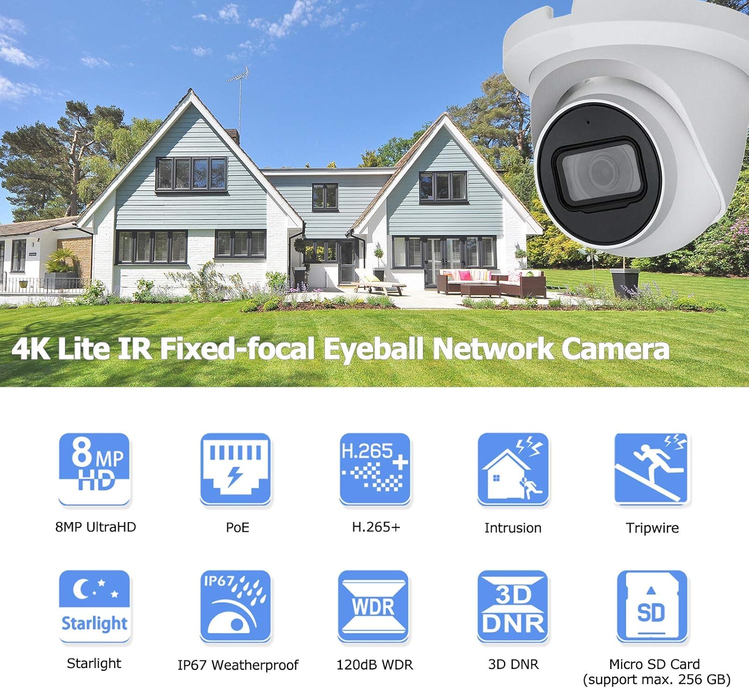 IP Poe Camera Outdoor 8MP Fixed-Focal 2.8mm Turret UltraHD 4k Security Weatherproof IR Starlight Network Dome Surveillance 98ft Night Vision Built-in Mic IP67 K8796