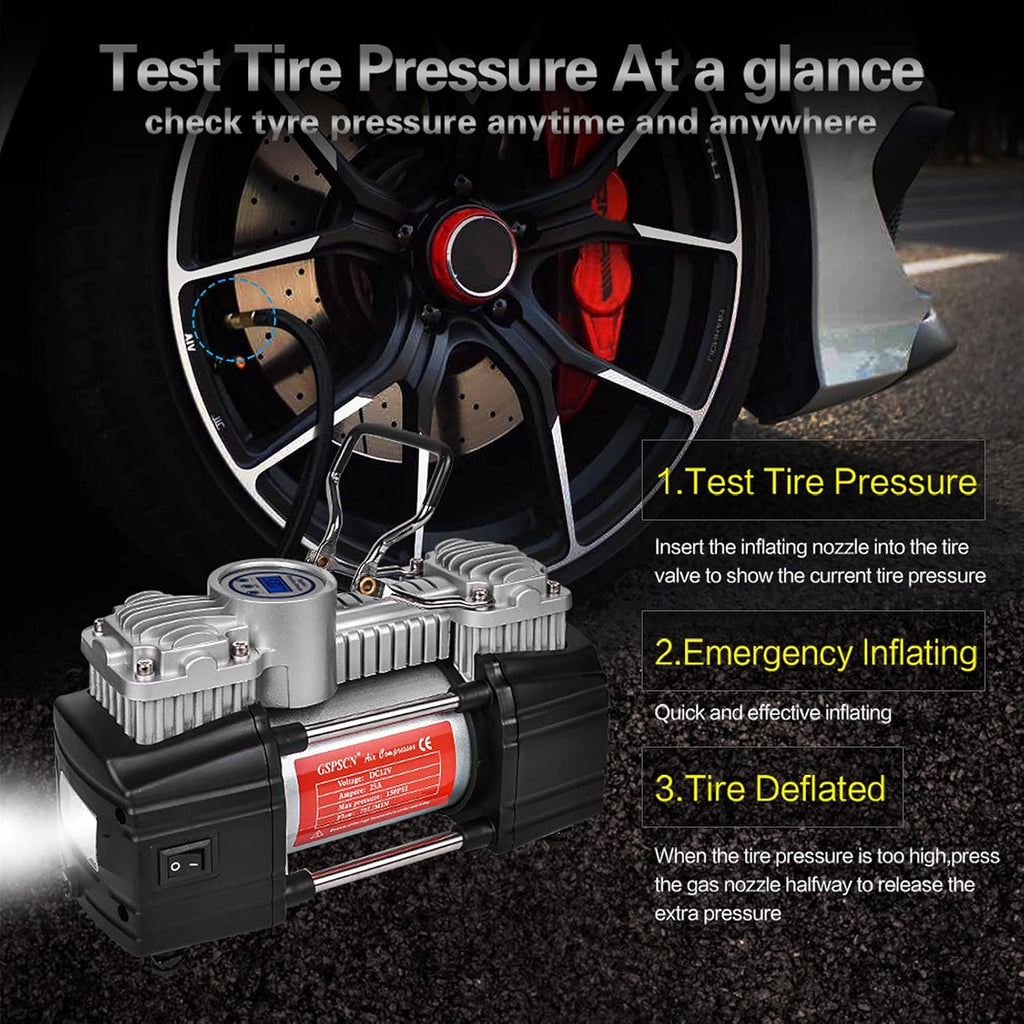 Portable Air Compressor Pump Tire Inflator with Digital Gauge, Heavy Duty Double Cylinder 12V Tire Pump 150 PSI with Tire Repair Kit and Toolbox, Pack of 2 O640405