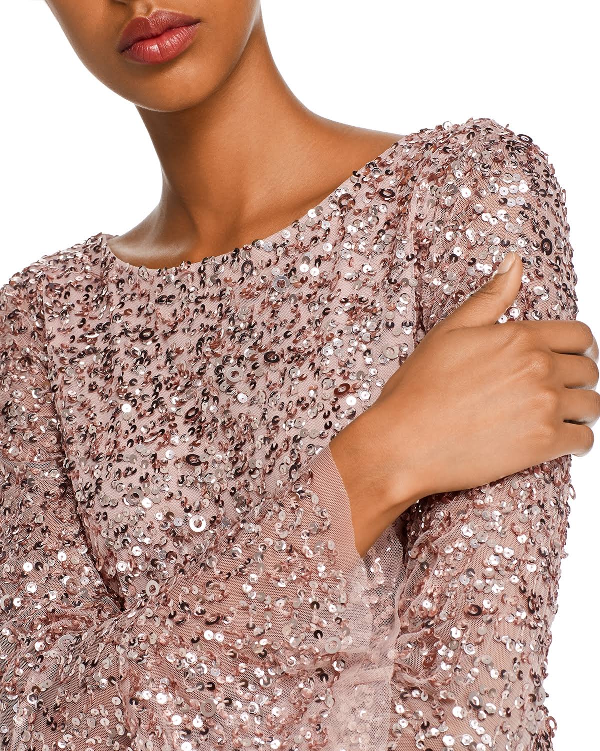 Pink Beaded Evening Gown with Bell Sleeves A36821