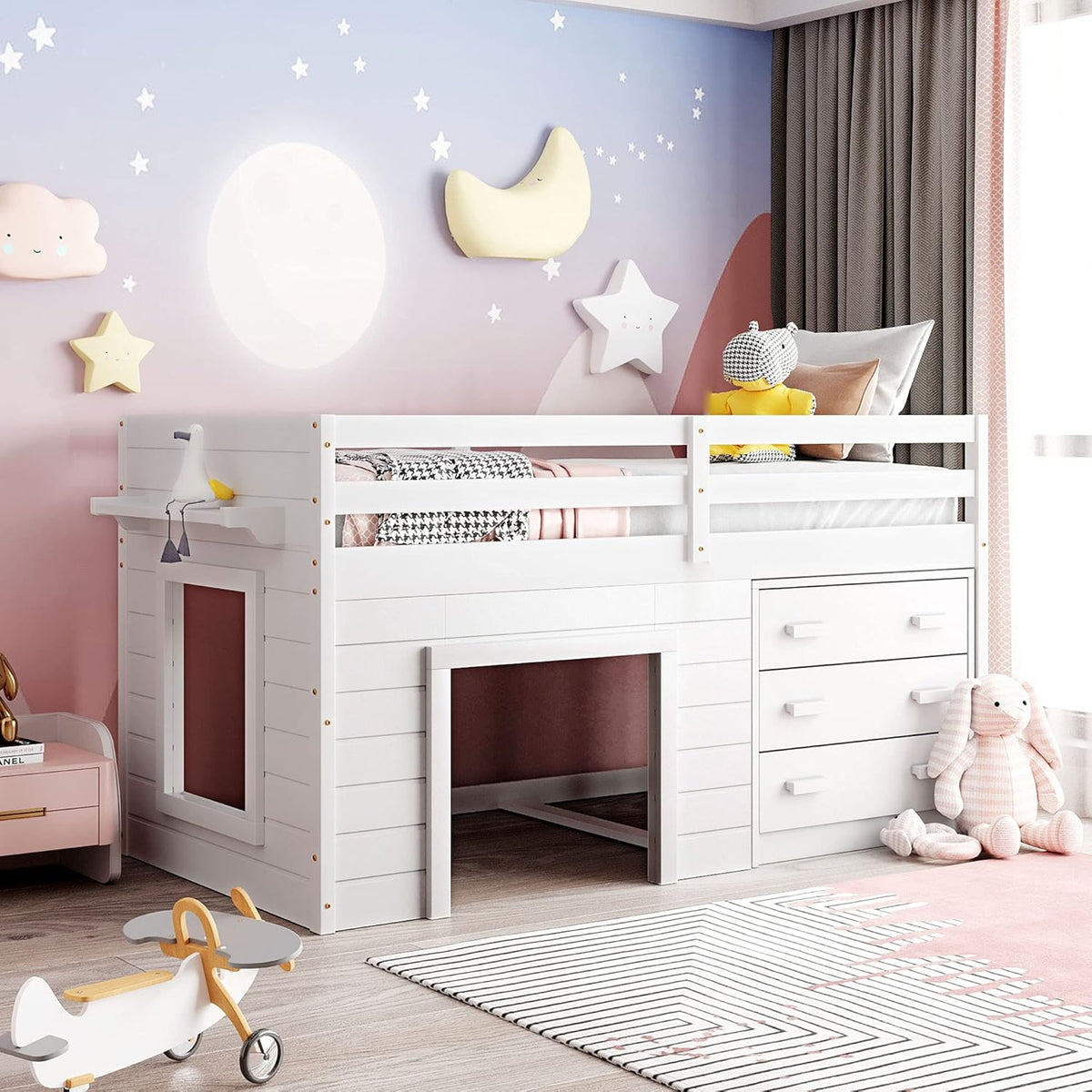 Twin Size Loft Bed with Desk and Storage Cabinet V465