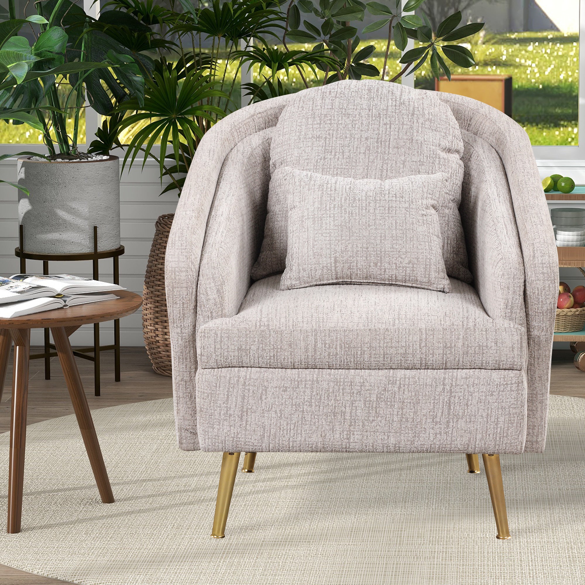 Light Grey Upholstered Accent Chair with Lumbar Pillow and Metal Legs O84157