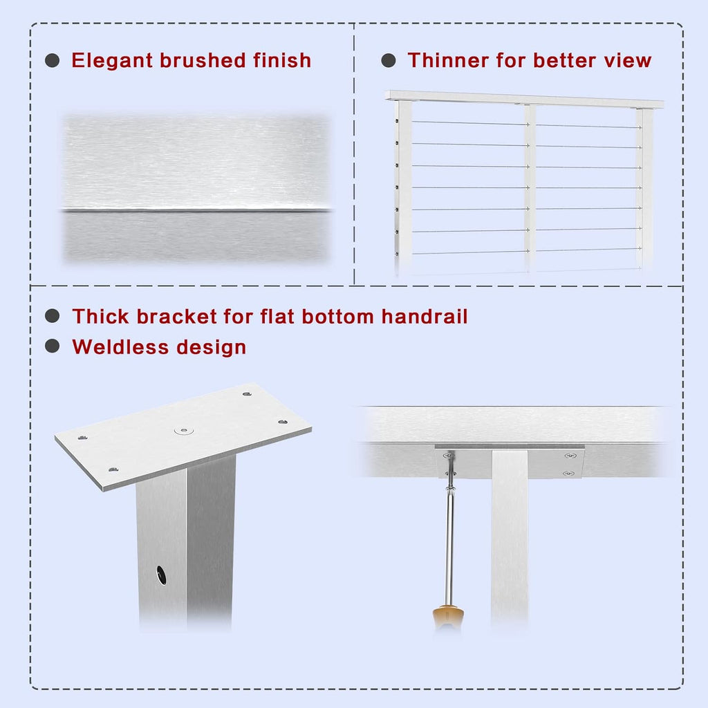 Stainless Steel Brushed Rectangle Weldless Flat Top Cable Railing Post L6634